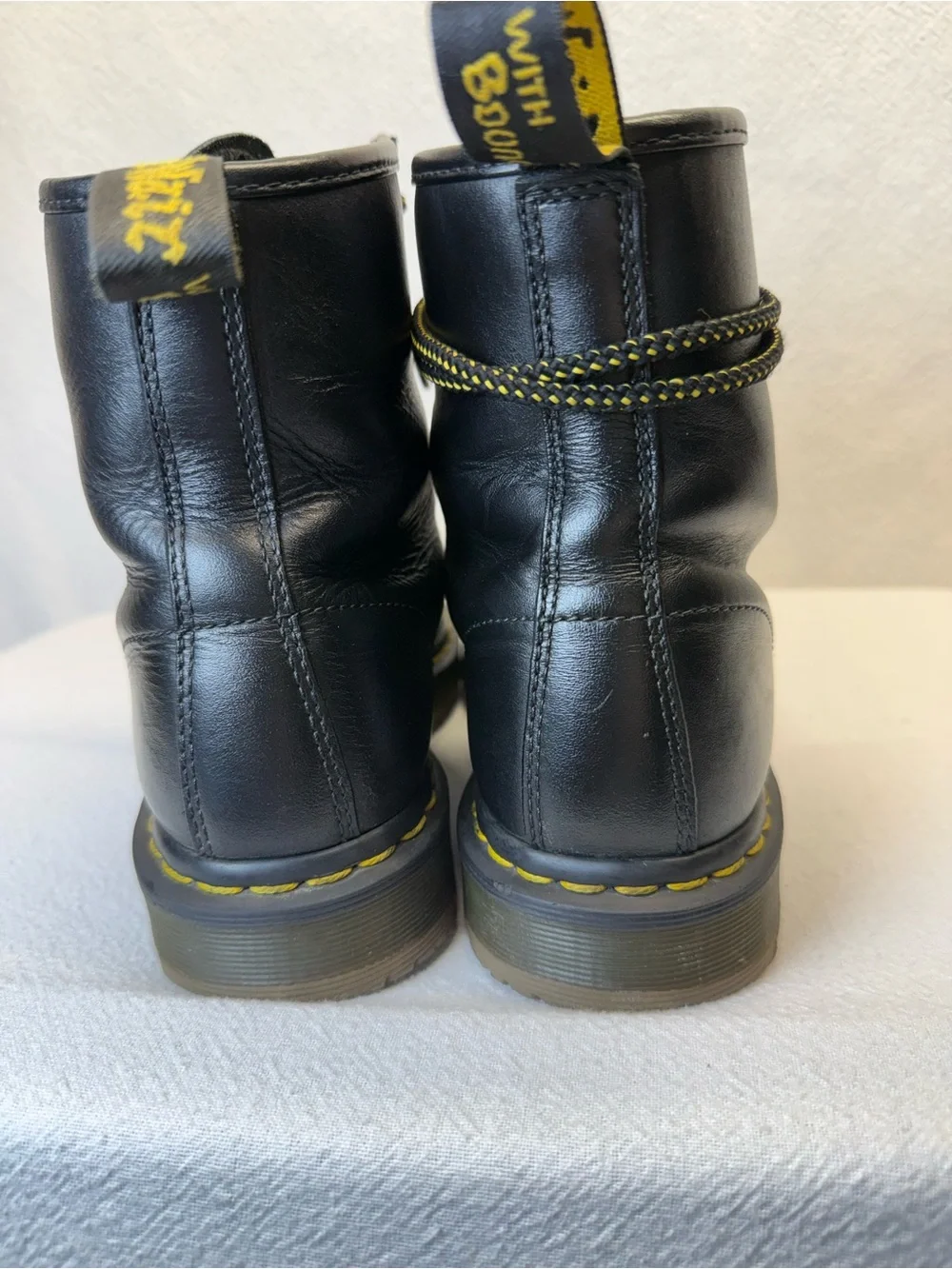 Dark Goth Dr. Martens Black Leather Lace-Up Combat Boots w/ Yellow Stitching Sz8